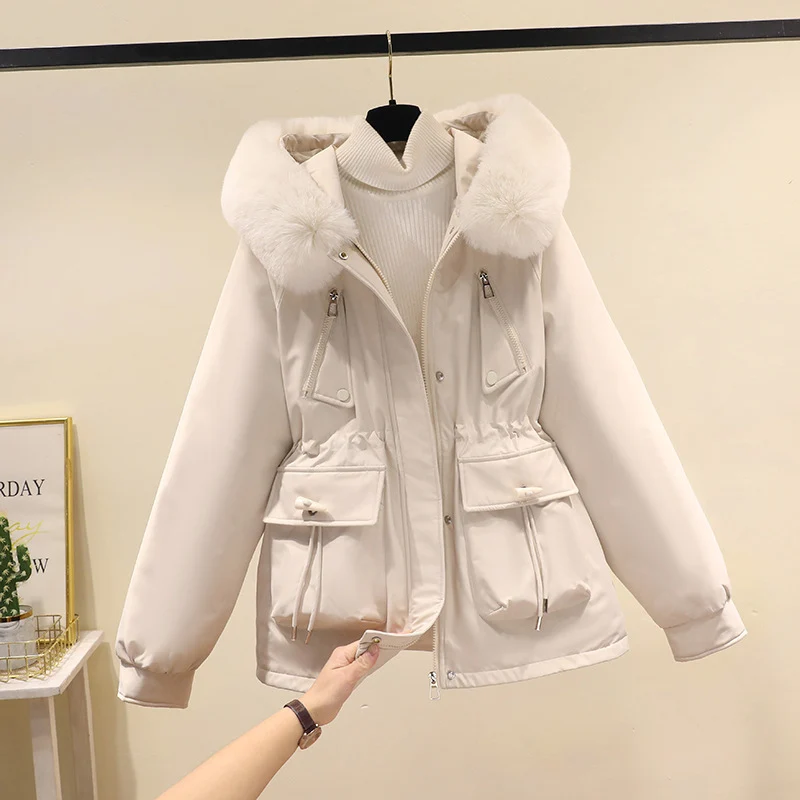 Damen nan Thermo-Parka mit Kapuze, voluminösem Kunstpelzkragen, Tunnelzugtaillierung und Multifunktions-Taschen Nord Taschen