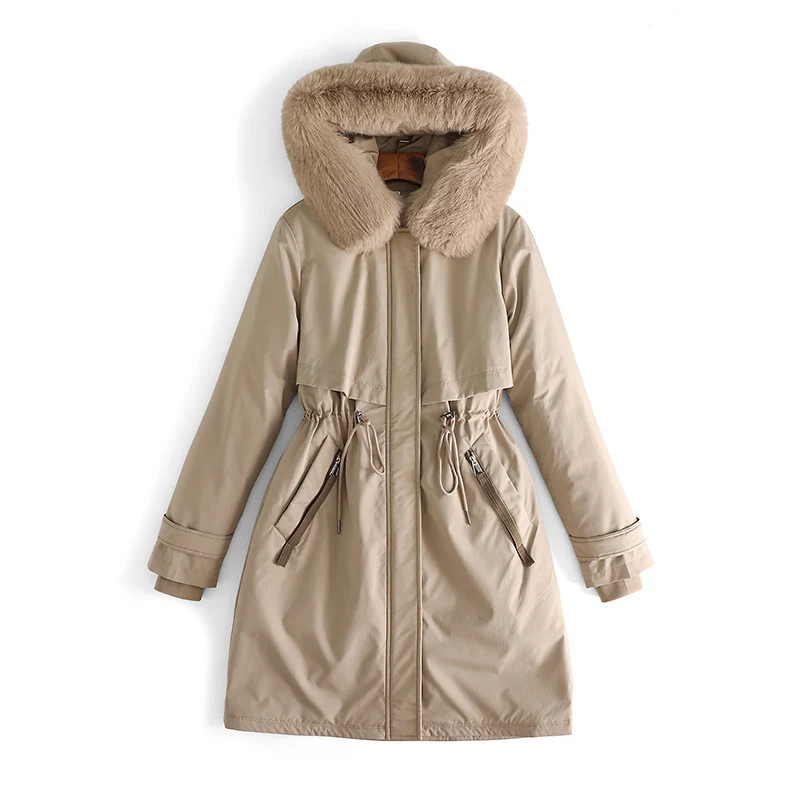 Damen nan taillierter Winterparka mit breitem Kunstfellkragen und Kordelzugtaillierung Nord Taschen