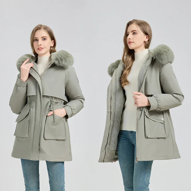 Damen nan taillierter Thermo-Parka mit abnehmbarer Kunstpelzkapuze, weichem Teddyfutter und verstellbarem Tunnelzug Nord Taschen