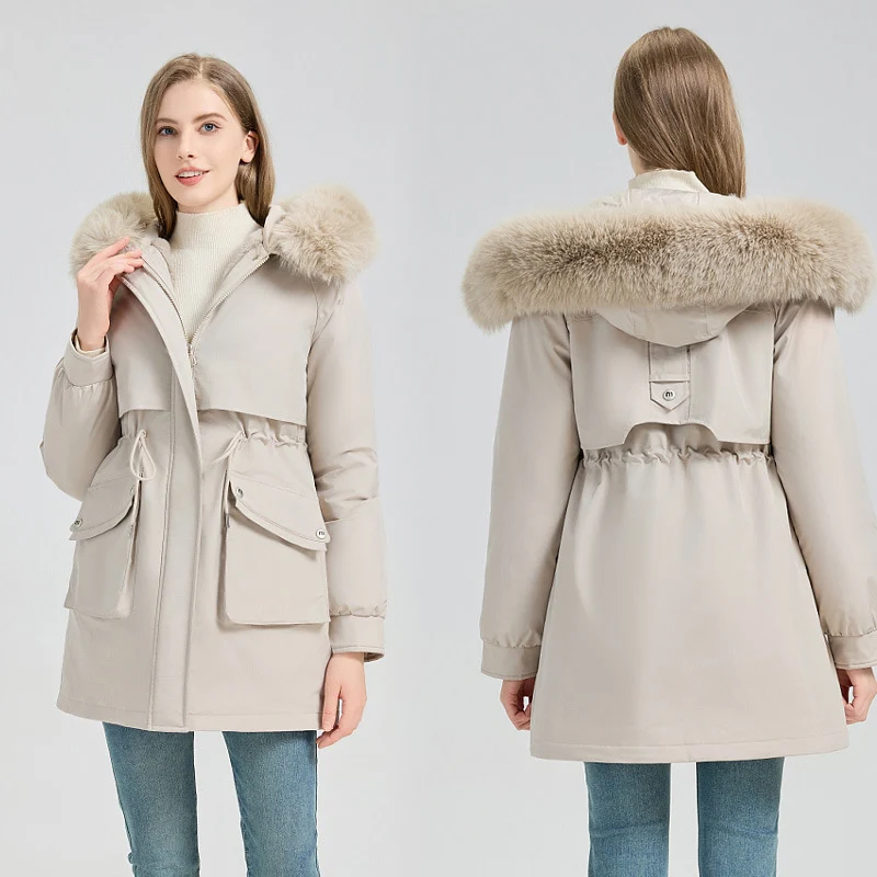 Damen nan taillierter Thermo-Parka mit abnehmbarer Kunstpelzkapuze, weichem Teddyfutter und verstellbarem Tunnelzug Nord Taschen