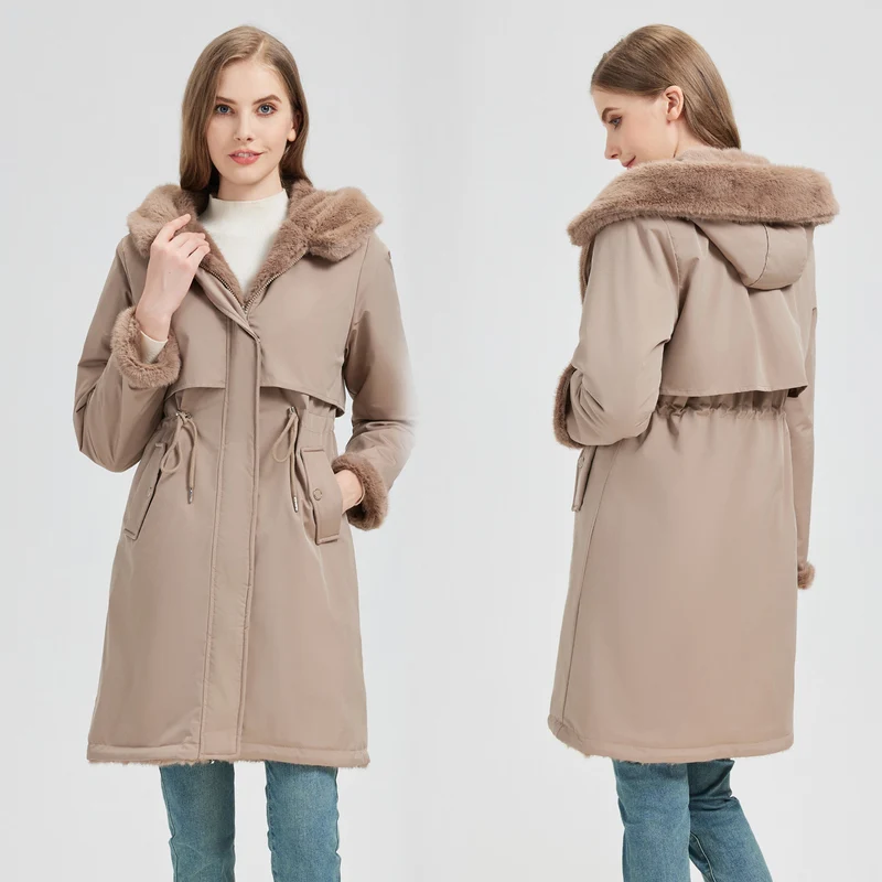 Damen nan taillierter langer Thermoparka mit Webpelzbesatz an Kapuze und Ärmeln sowie Kordeltaille Nord Taschen