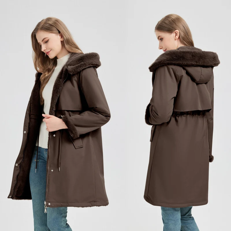 Damen nan taillierter langer Thermoparka mit Webpelzbesatz an Kapuze und Ärmeln sowie Kordeltaille Nord Taschen