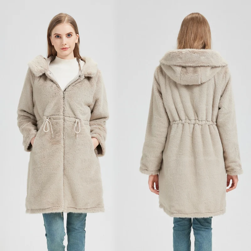 Damen nan taillierter langer Thermoparka mit Webpelzbesatz an Kapuze und Ärmeln sowie Kordeltaille Nord Taschen