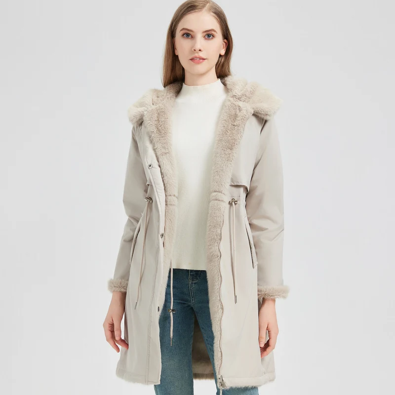 Damen nan taillierter langer Thermoparka mit Webpelzbesatz an Kapuze und Ärmeln sowie Kordeltaille Nord Taschen