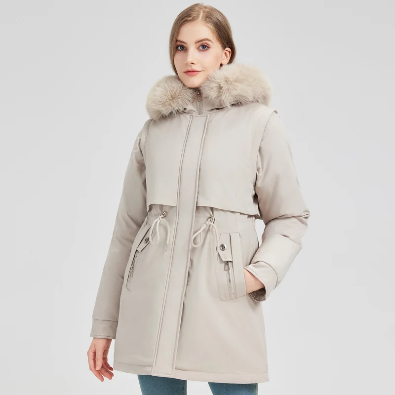 Damen nan taillierter Funktionsparka mit asymmetrischer Frontblende, verstellbarem Tunnelzug und windschützendem Stehkragen Nord Taschen