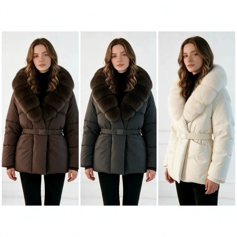 Damen nan taillierte Steppjacke mit übergroßem Webpelzkragen, taillierendem Gürtel und wärmender Thermofüllung Nord Taschen