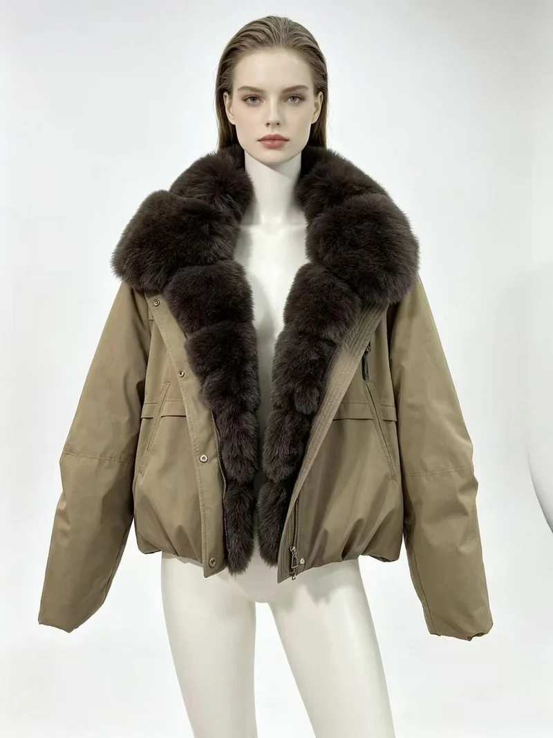 Damen nan taillierte Parka-Bomberjacke mit voluminösem Webpelzkragen und windabweisender Außenhülle Nord Taschen