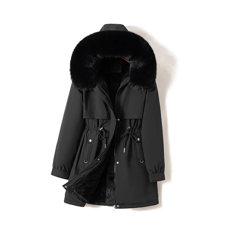 Damen nan moderner Thermoparka im Clean‑Look mit Oversize‑Fellkapuze, innenweichem Teddyfutter und verstellbarer Taille Nord Taschen
