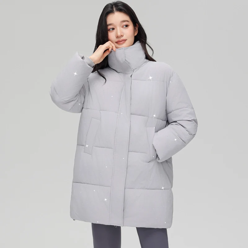 Damen nan mittellanger gesteppter Kurzmantel mit hohem Stehkragen, dezenter Glitzersteppung und leichter Thermoisolierung Nord Taschen