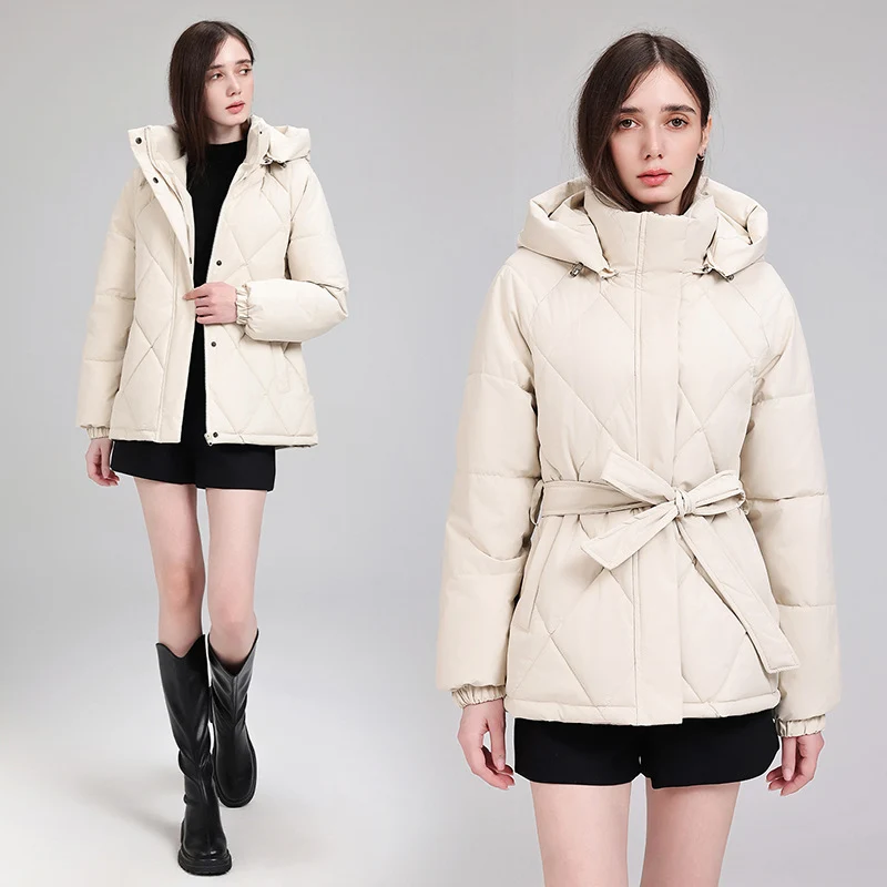 Damen nan luxuriöse kurze Pufferjacke mit integriertem Windschutzkragen und Taillengürtel Nord Taschen