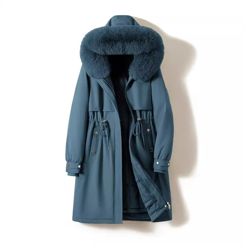 Damen nan langer wasserabweisender Parka mit voluminöser Kunstfellkapuze, taillierbarem Tunnelzug und gesteppter Thermo-Innenjacke Nord Taschen
