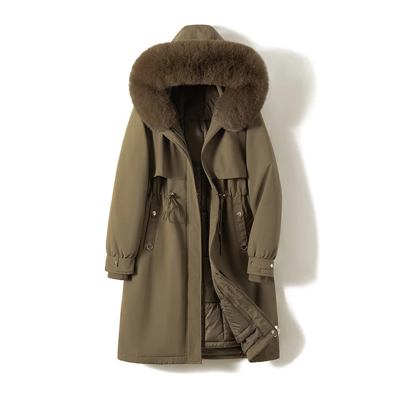 Damen nan langer wasserabweisender Parka mit voluminöser Kunstfellkapuze, taillierbarem Tunnelzug und gesteppter Thermo-Innenjacke Nord Taschen