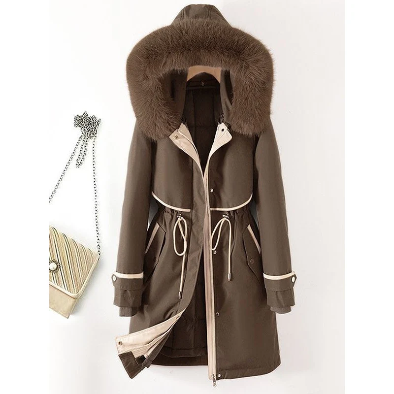 Damen nan langer Parka mit Kunstfellkapuze Taillenzug und kontrastierten Paspeln Nord Taschen