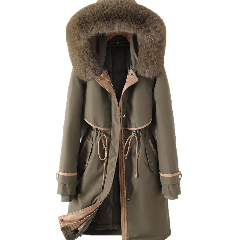 Damen nan langer Parka mit Kunstfellkapuze Taillenzug und kontrastierten Paspeln Nord Taschen