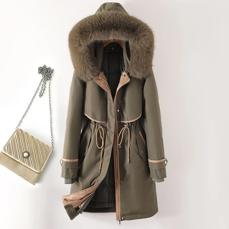 Damen nan langer Parka mit Kunstfellkapuze Taillenzug und kontrastierten Paspeln Nord Taschen