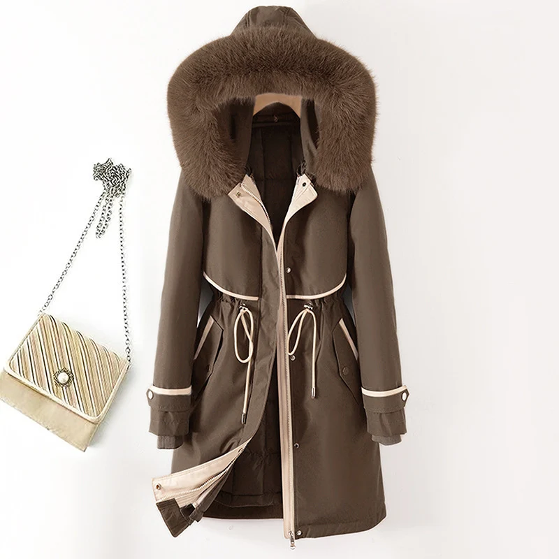Damen nan langer Parka mit Kunstfellkapuze Taillenzug und kontrastierten Paspeln Nord Taschen