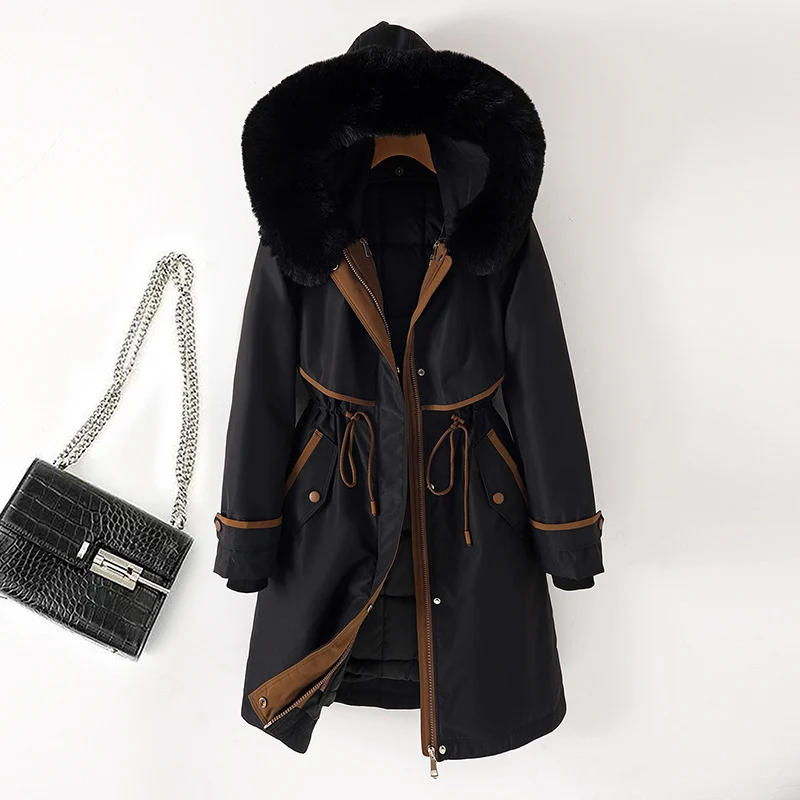 Damen nan langer Parka mit Kunstfellkapuze Taillenzug und kontrastierten Paspeln Nord Taschen