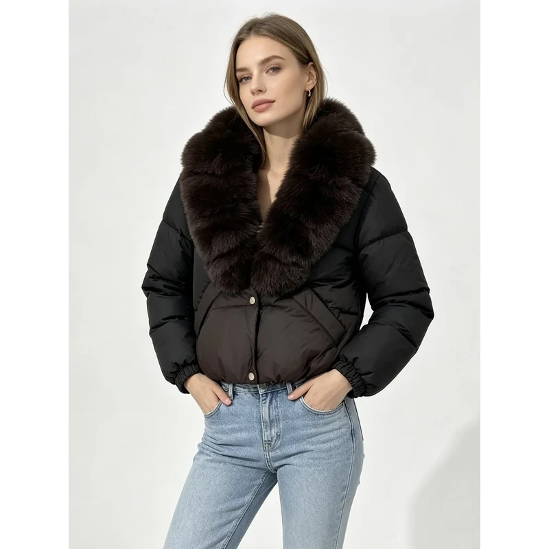 Damen nan kurze wattierte Cropped-Jacke mit extra voluminösem Kunstpelz-Schalkragen und elastischen Bündchen Nord Taschen