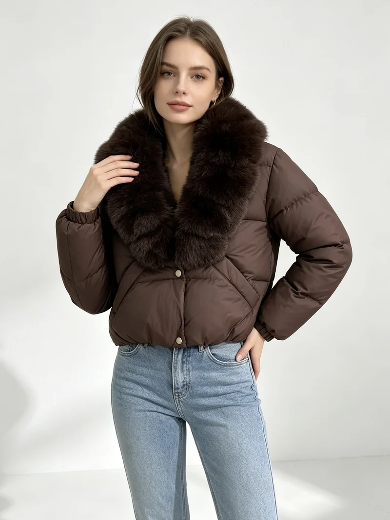 Damen nan kurze wattierte Cropped-Jacke mit extra voluminösem Kunstpelz-Schalkragen und elastischen Bündchen Nord Taschen