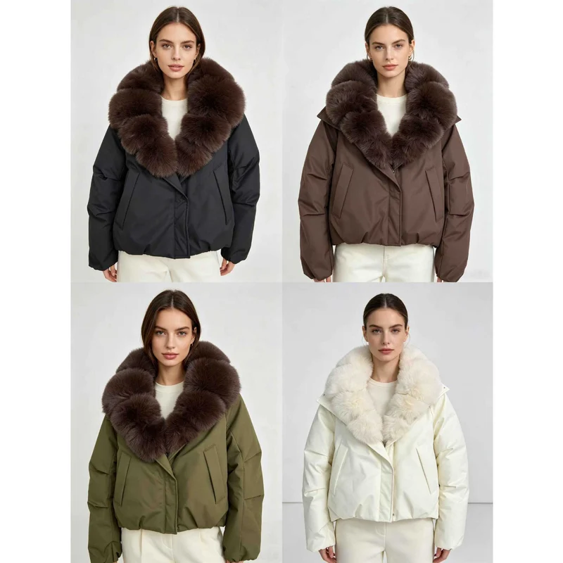 Damen nan kurze Thermosteppjacke mit voluminösem abnehmbarem Kunstfellkragen und tailliertem Saum Nord Taschen