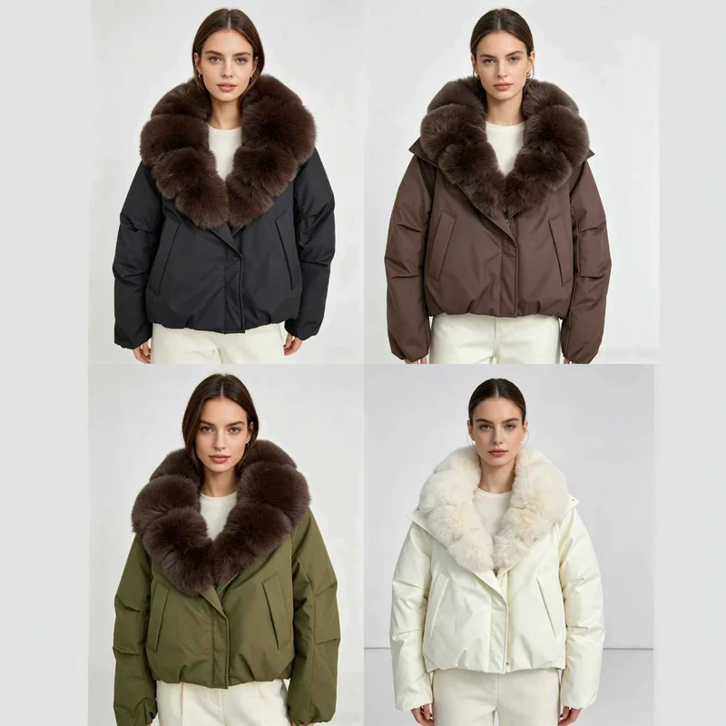 Damen nan kurze Thermosteppjacke mit voluminösem abnehmbarem Kunstfellkragen und tailliertem Saum Nord Taschen