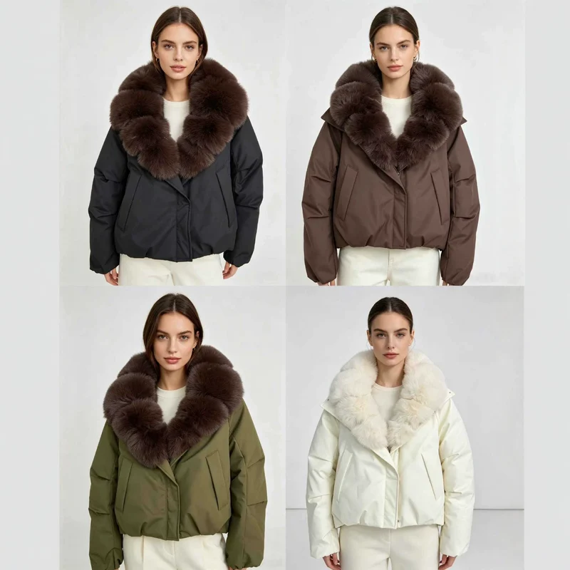 Damen nan kurze Thermosteppjacke mit voluminösem abnehmbarem Kunstfellkragen und tailliertem Saum Nord Taschen