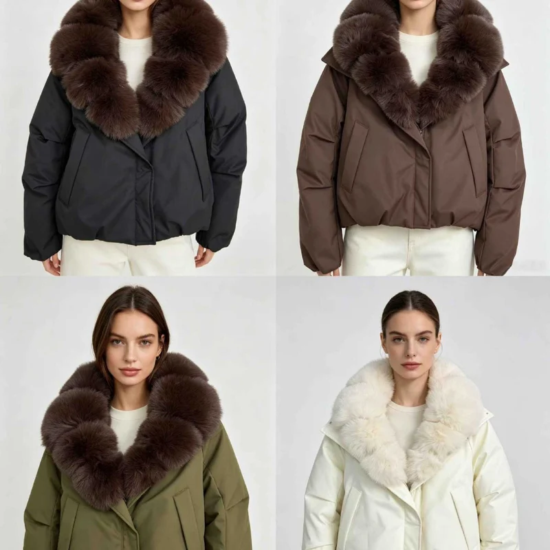 Damen nan kurze Thermosteppjacke mit voluminösem abnehmbarem Kunstfellkragen und tailliertem Saum Nord Taschen