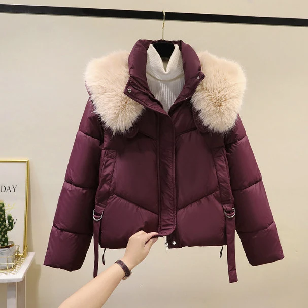 Damen nan kurze Thermo-Pufferjacke mit abnehmbarem Webpelzkragen, hochschließendem Stehkragen und Tunnelzugsaum Nord Taschen