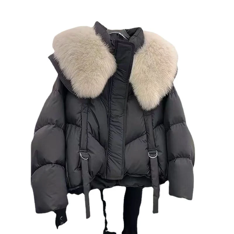 Damen nan kurze Thermo-Pufferjacke mit abnehmbarem Webpelzkragen, hochschließendem Stehkragen und Tunnelzugsaum Nord Taschen