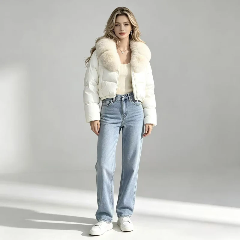 Damen nan kurze taillierte Pufferjacke mit voluminösem Kapuzenkragen und abnehmbarem Fellbesatz Nord Taschen