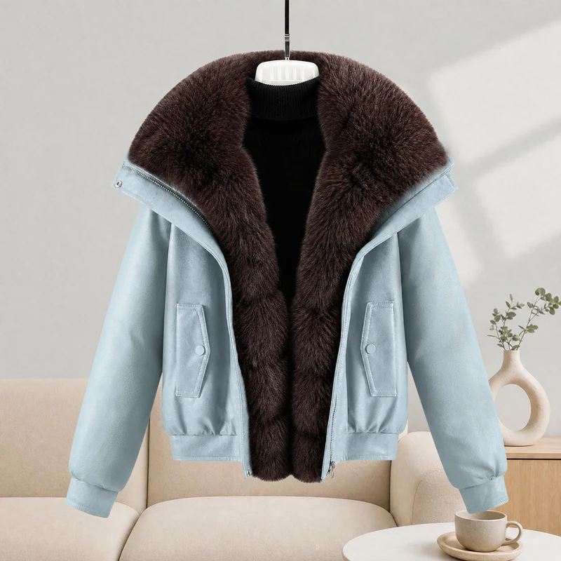 Damen nan kurze Lammfelloptik-Bomberjacke mit voluminösem Fellkragen und tailliertem Saum Nord Taschen