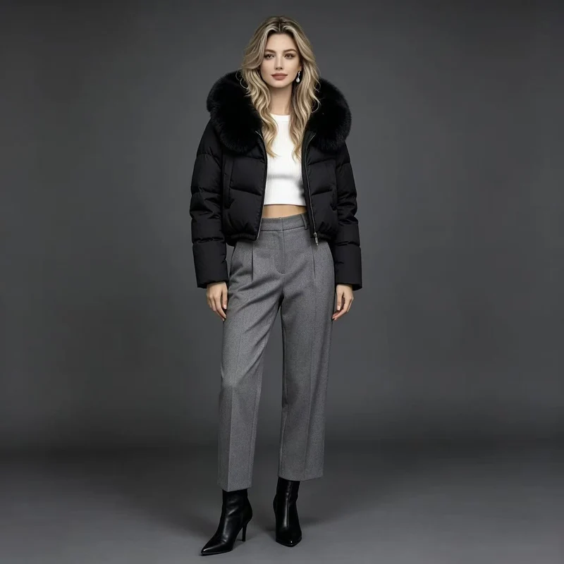 Damen nan kurze gesteppte Cropped-Pufferjacke mit voluminösem Kunstpelzkragen Nord Taschen