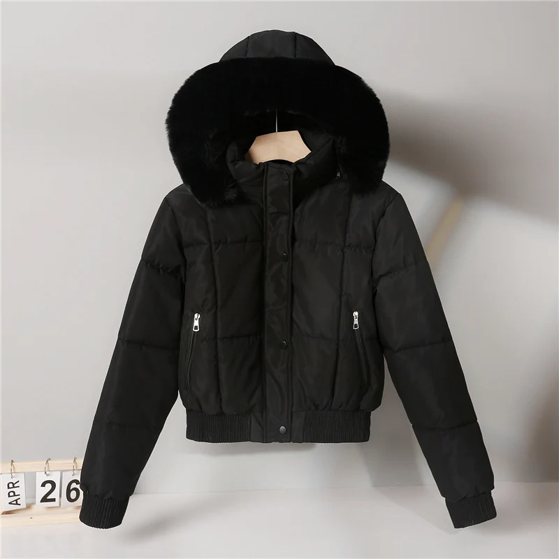Damen nan kurze gesteppte Bomberjacke mit warmer Kapuze, abnehmbarem Webpelzrand, elastischem Bund und Thermofutter Nord Taschen