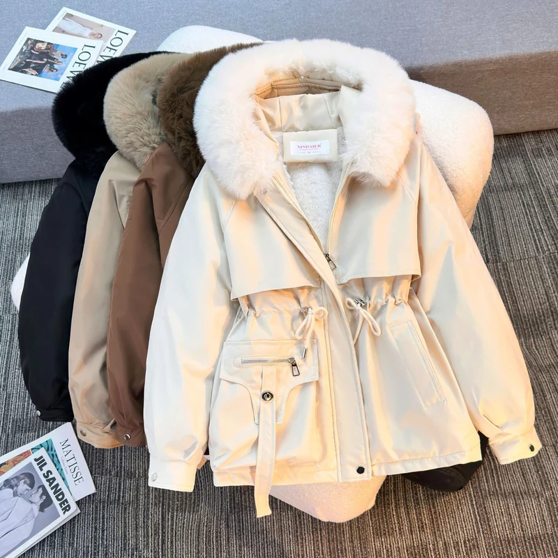 Damen nan kurze gefütterte Parka mit Kunstpelzkragen Teddyfutter Taillenzug und Multifunktions-Taschen Nord Taschen