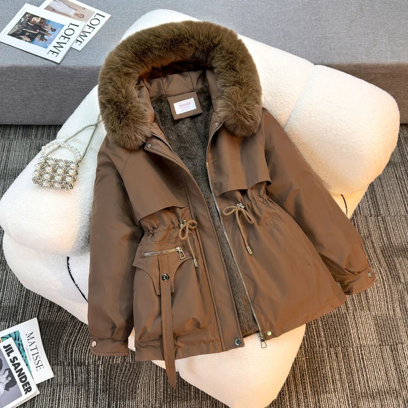 Damen nan kurze gefütterte Parka mit Kunstpelzkragen Teddyfutter Taillenzug und Multifunktions-Taschen Nord Taschen
