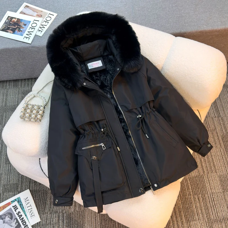 Damen nan kurze gefütterte Parka mit Kunstpelzkragen Teddyfutter Taillenzug und Multifunktions-Taschen Nord Taschen