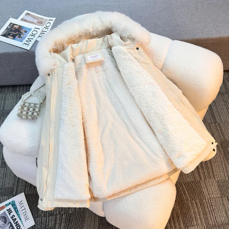 Damen nan kurze gefütterte Parka mit Kunstpelzkragen Teddyfutter Taillenzug und Multifunktions-Taschen Nord Taschen