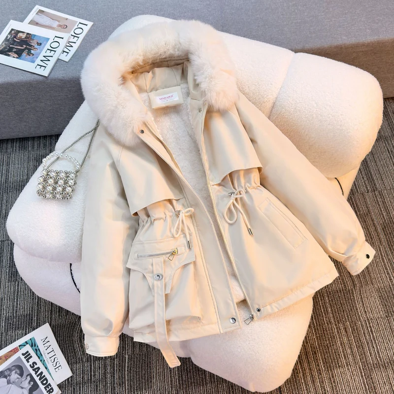 Damen nan kurze gefütterte Parka mit Kunstpelzkragen Teddyfutter Taillenzug und Multifunktions-Taschen Nord Taschen