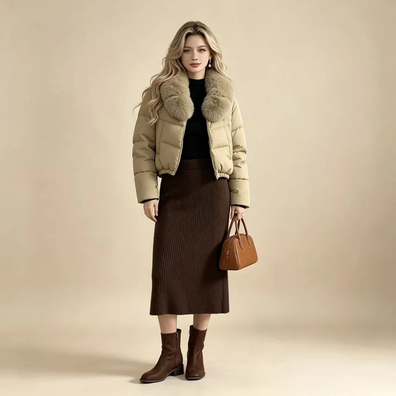 Damen nan kurz geschnittene Boxy-Pufferjacke mit extra großem Webpelzkragen und formstabilem Saum Nord Taschen