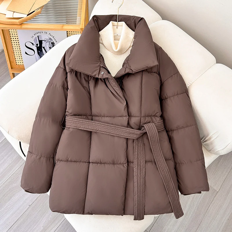 Damen nan gesteppte Winterjacke mit Taillengürtel, Stehkragen und Rippbündchen Nord Taschen