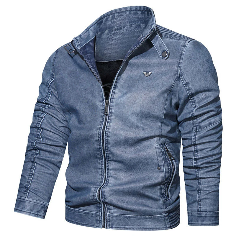 Herren Denim-Blouson im Aviator-Look mit hochschließendem Stehkragen, Zierfaltenärmeln und verdeckten Reißverschlusstaschen Nord Taschen