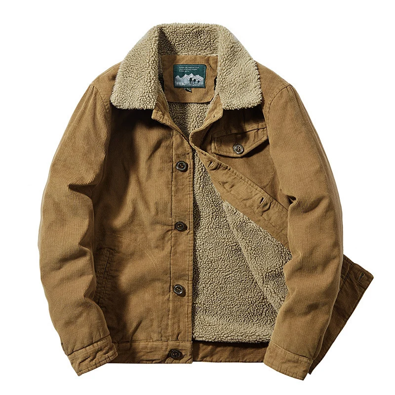 Herren Cord-Worker-Truckerjacke mit wärmender Sherpa-Innenfütterung und Hemdkragen Nord Taschen