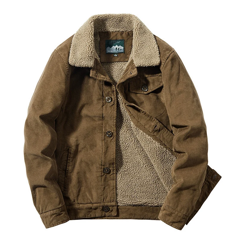 Herren Cord-Worker-Truckerjacke mit wärmender Sherpa-Innenfütterung und Hemdkragen Nord Taschen