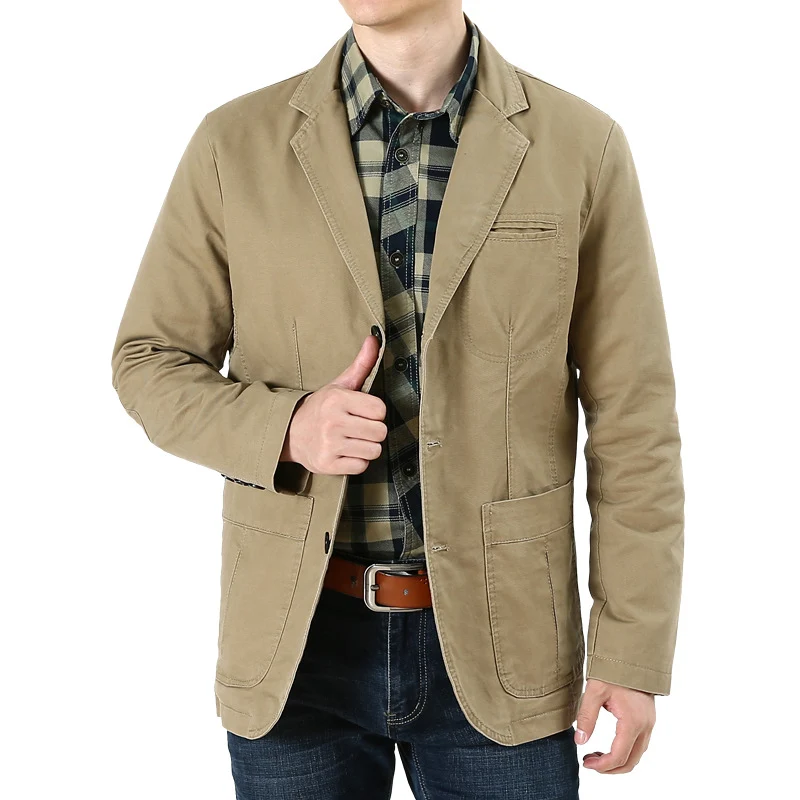 Herren Casual-Leinenblazer im Worker-Blousonstil mit Hemdkragen, aufgesetzten Pattentaschen und gestreiftem Innenfutter Nord Taschen