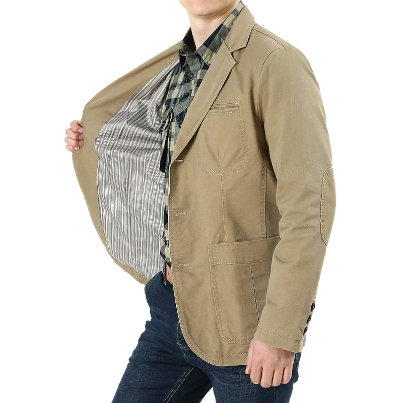 Herren Casual-Leinenblazer im Worker-Blousonstil mit Hemdkragen, aufgesetzten Pattentaschen und gestreiftem Innenfutter Nord Taschen