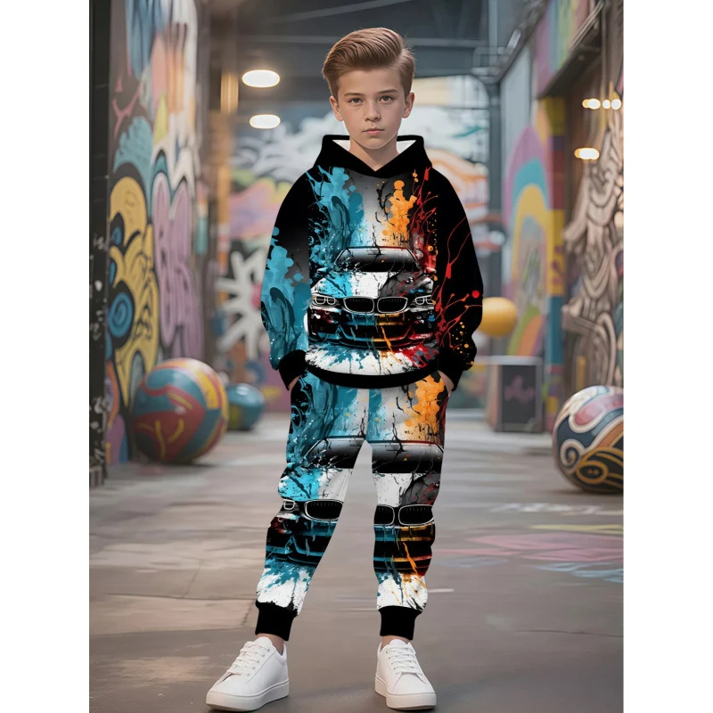 Unisex Kinder Jogginganzug mit Kapuzenpullover und detailreichem Auto-Print Arvani