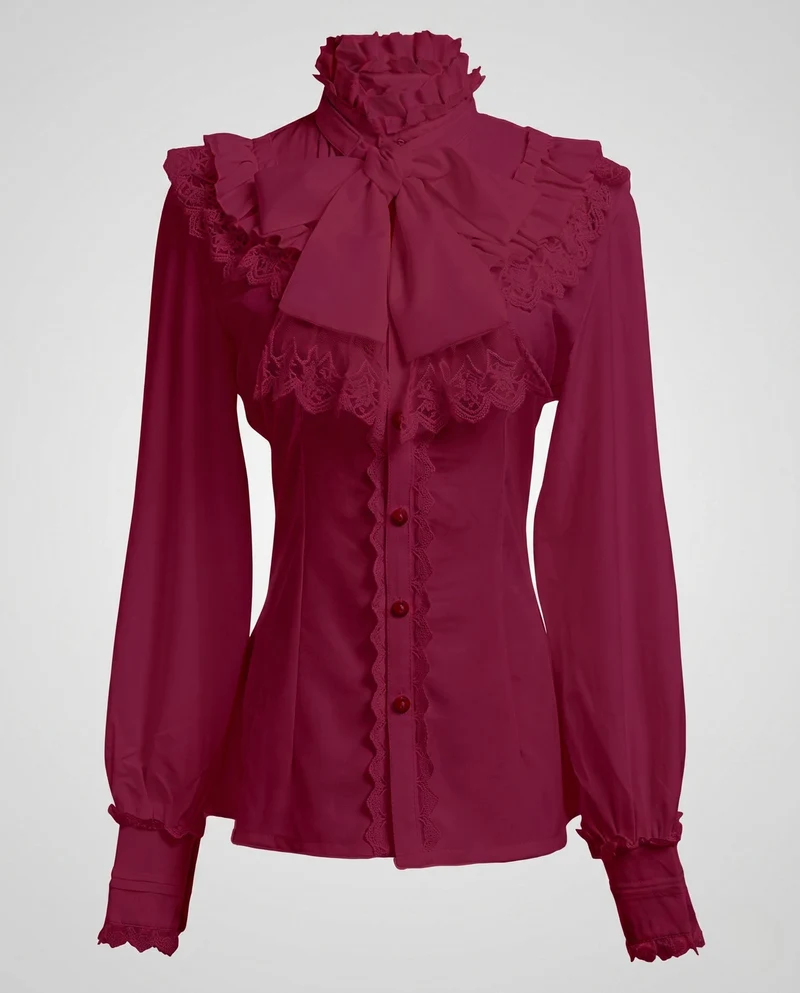Damen elegante Rüschbluse mit Stehkragen und Schleifenakzenten Nord Taschen