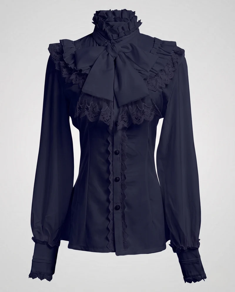 Damen elegante Rüschbluse mit Stehkragen und Schleifenakzenten Nord Taschen