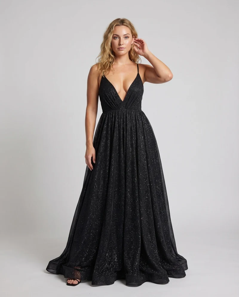 Damen Maxikleid Glitzer V-Ausschnitt Schwingrock