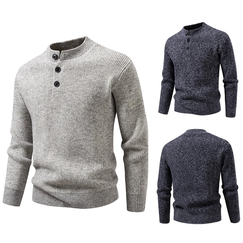 Herren Feinstrick-Henleypullover mit kurzem Stehkragen, Knopfleiste und Rippbündchen Nord Taschen